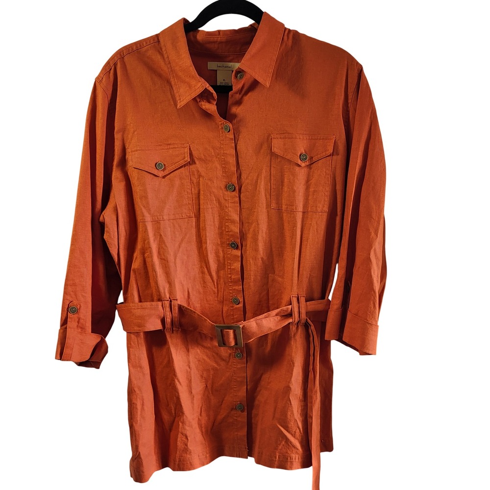 bechamel Women's Orange Linen Blend Belted Shirt Dress Tunic XL
